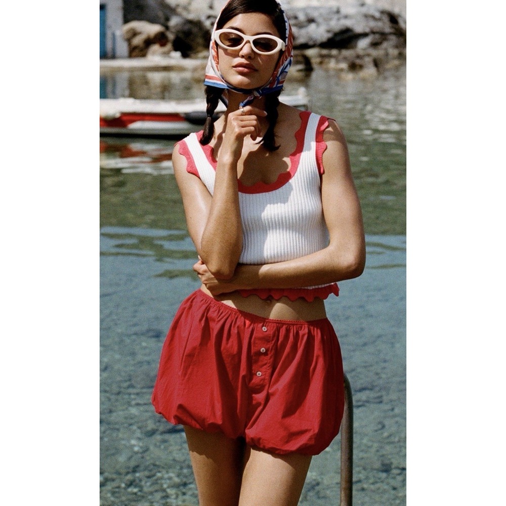 NWT $58 By Anthropologie Red Bubble Hem Bloomer Boxer Shorts XS Oversized Button